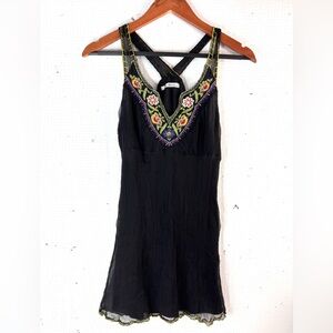 Blue Tassel S Embroidered Silk Racerback Top in Black